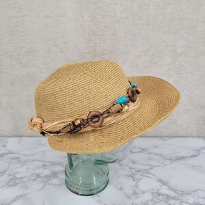 Cappelli Stylish Tan Straw Hat with Beaded Band Wide Brim Sun